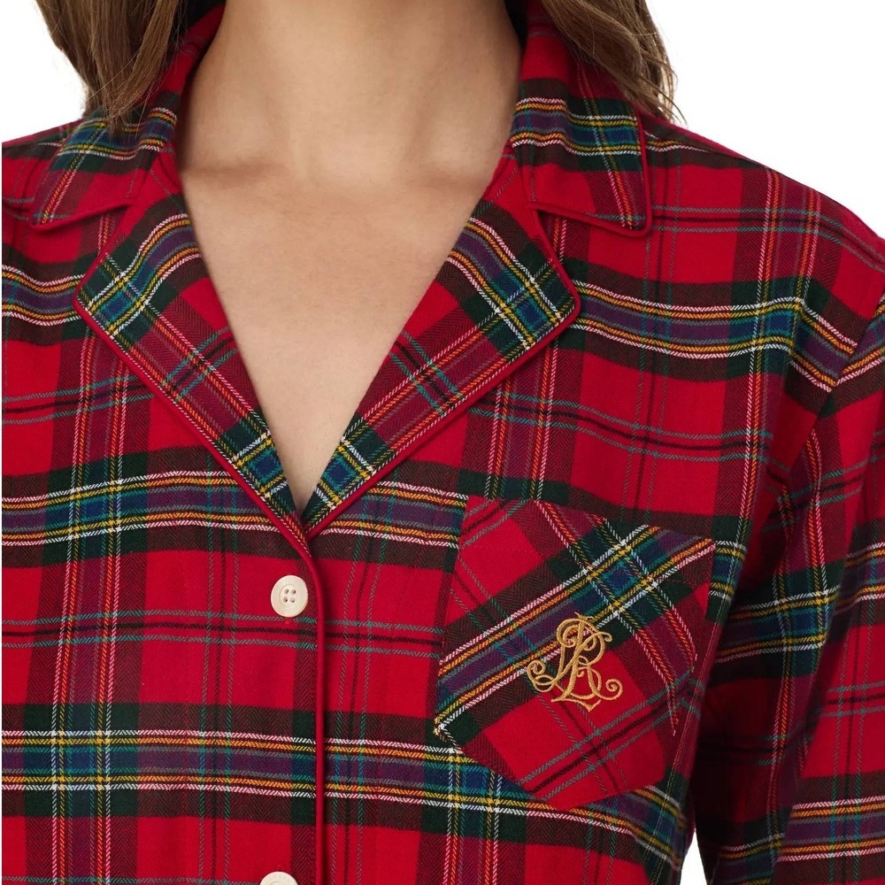 LAUREN RALPH LAUREN Red Plaid Pajama Top Leopard Collar Crest Medium Heritage